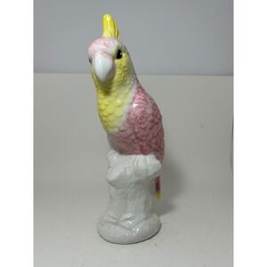 Vintage 12" Ceramic Cockatoo Figure MCM Pink & Yellow Galah Parrot Regency
